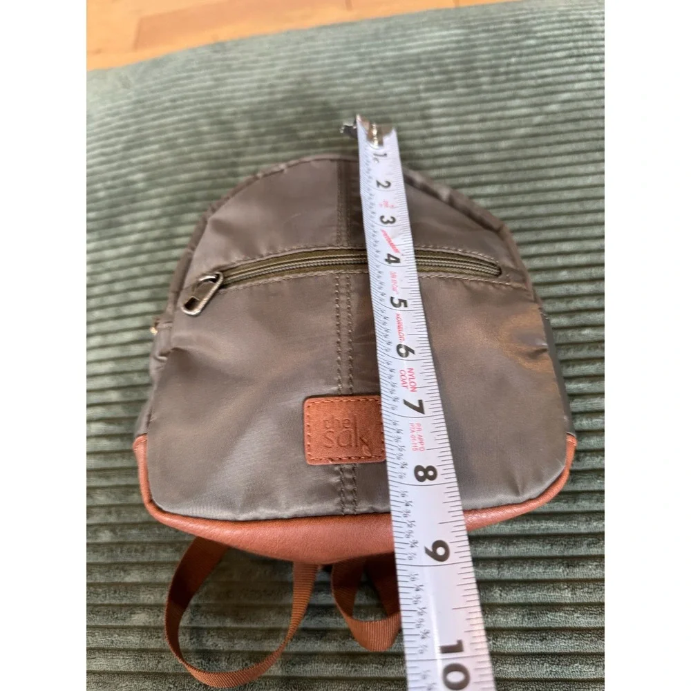 The Sak Mini Backpack Purse‎ Olive Brown Faux Leather Trim Travel Bag